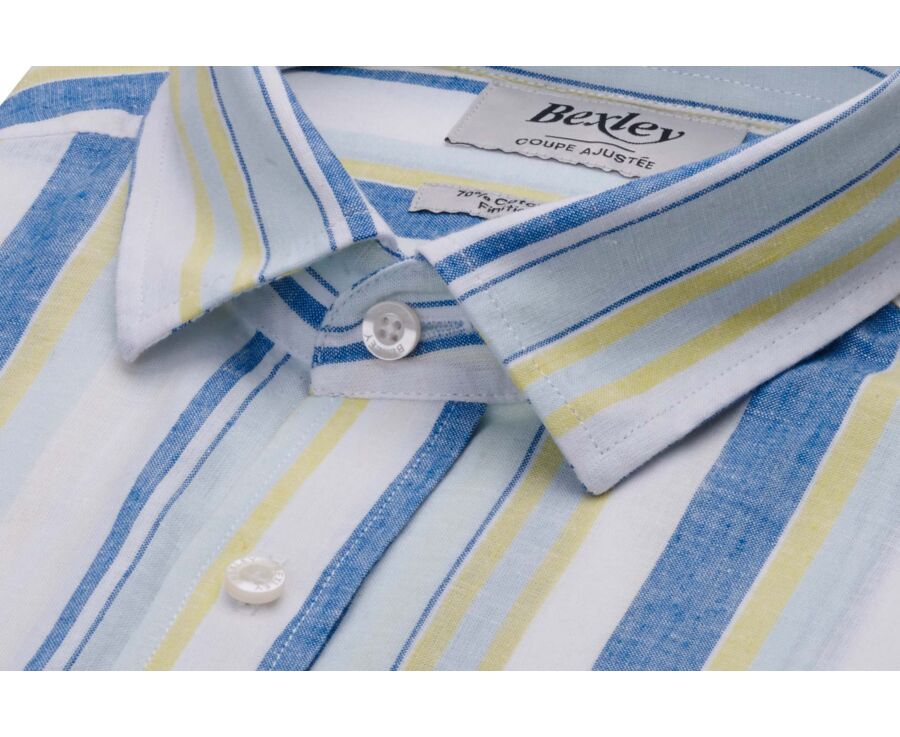 Chambray Blue, Yellow and Light Green cotton linen shirt - EDIBERT