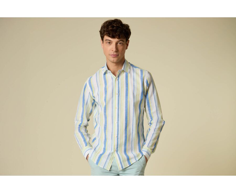 Chambray Blue, Yellow and Light Green cotton linen shirt - EDIBERT