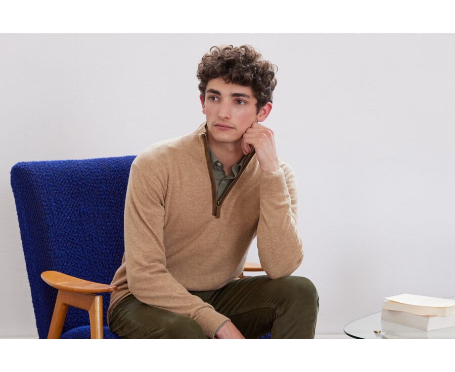 Dark Beige Melange half-zip wool jumper - KEITHY 