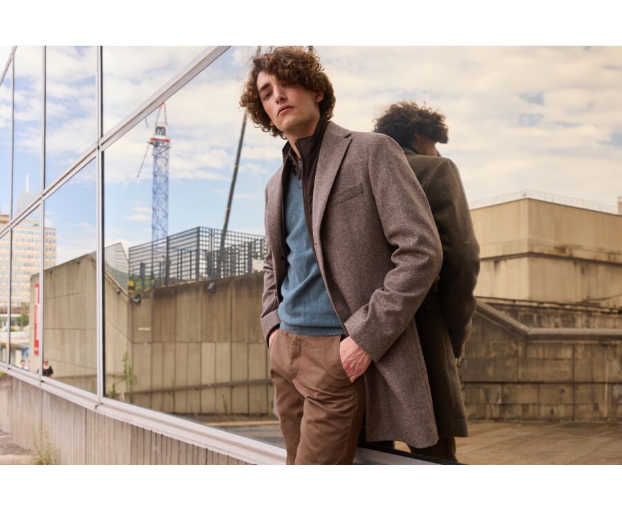 Taupe Herringbone Men's wool/cashmere coat - HONORÉ II
