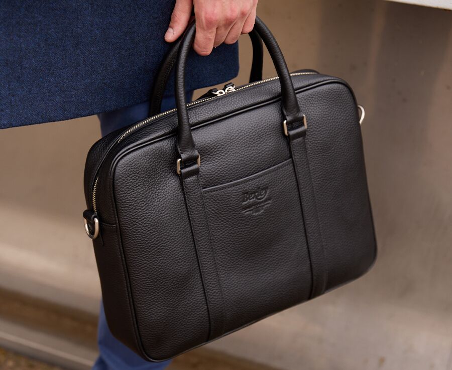 Black Grained Men's leather satchel with shoulder strap - KARLINGTON