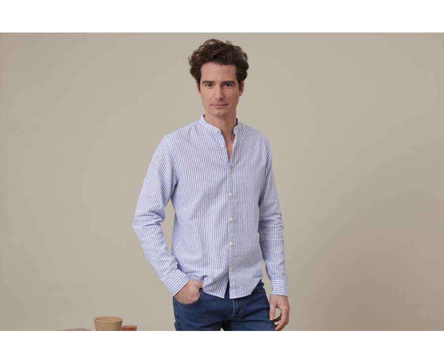 Plain Ocean Blue & White cotton linen shirt - ELIBERT
