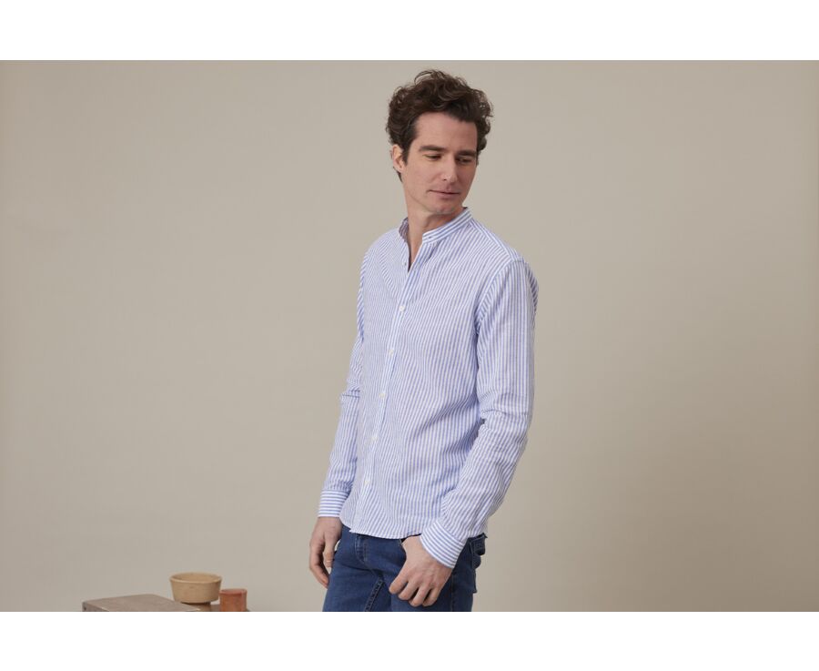 Plain Ocean Blue & White cotton linen shirt - ELIBERT