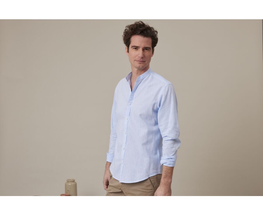 Plain Light Blue Chambray cotton linen shirt - ELIBERT