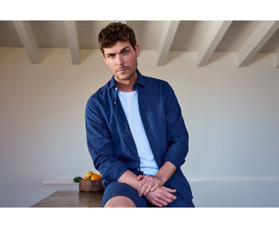 Indigo Chambray Cotton Linen Shirt - French Collar - SILBERT