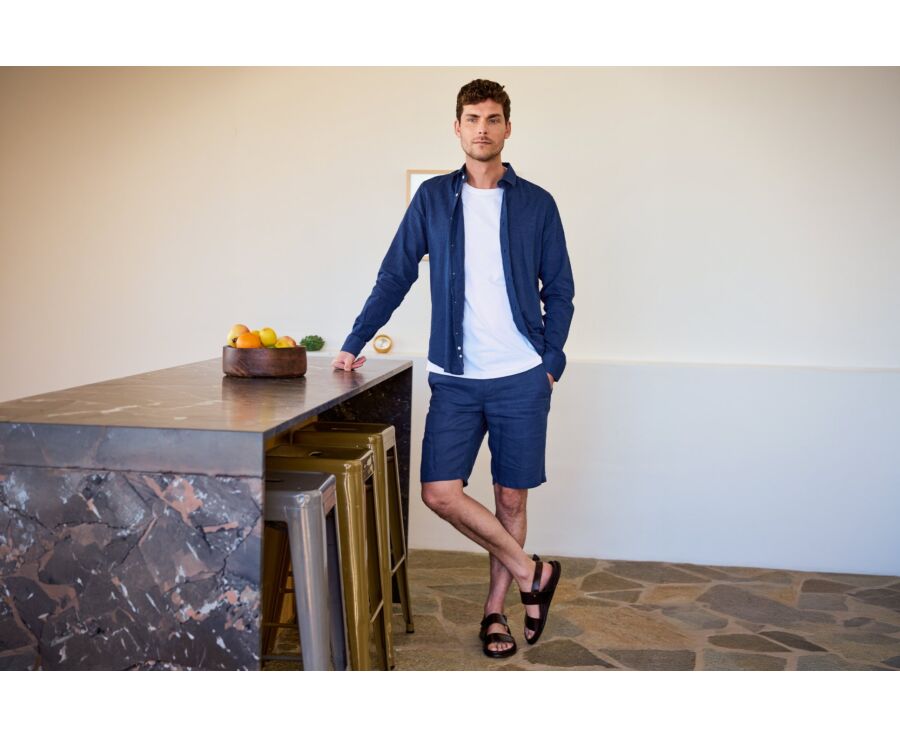 Indigo Chambray Cotton Linen Shirt - French Collar - SILBERT