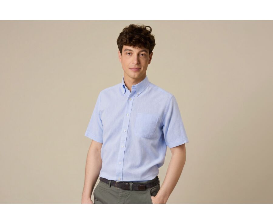 Blue Chambray cotton linen shirt - Chest pocket - COLTEN MC