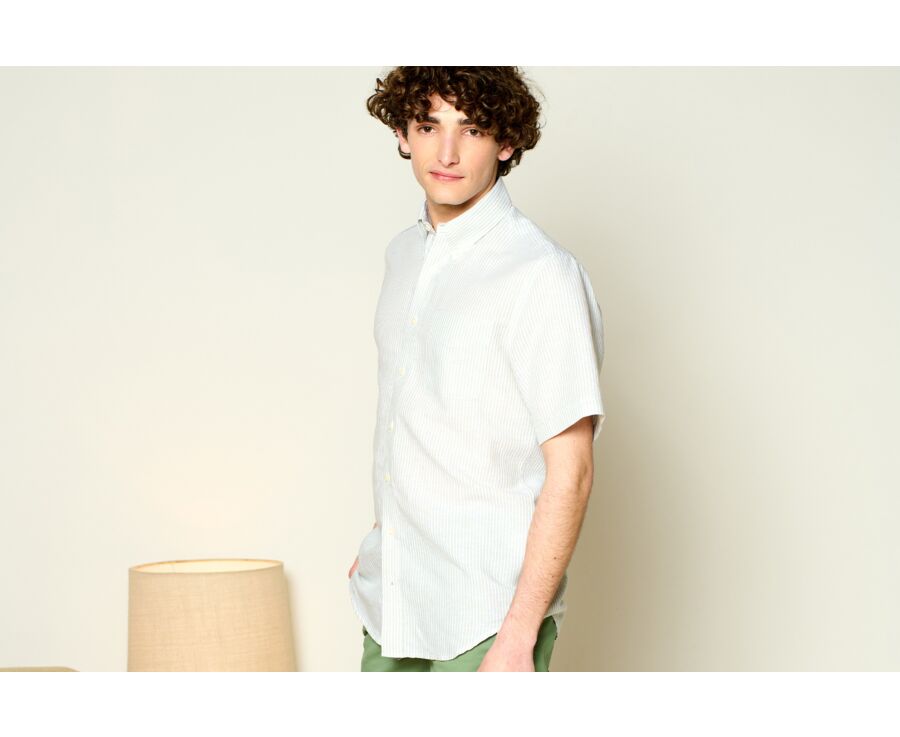 Lime Green Chambray & White cotton linen shirt - Chest pocket - COLTEN MC