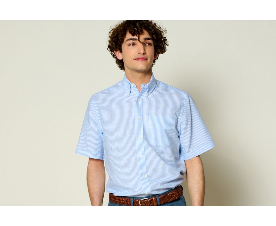 Light Blue Chambray & White cotton linen shirt - Chest pocket - COLTEN MC