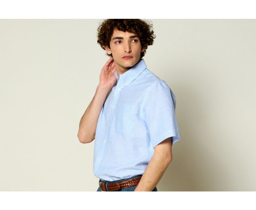Light Blue Chambray & White cotton linen shirt - Chest pocket - COLTEN MC