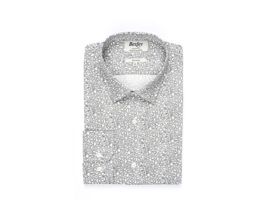 Taupe cotton shirt printed white and blue flowers - VICTORIEN