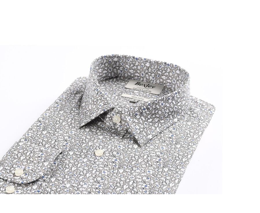 Taupe cotton shirt printed white and blue flowers - VICTORIEN