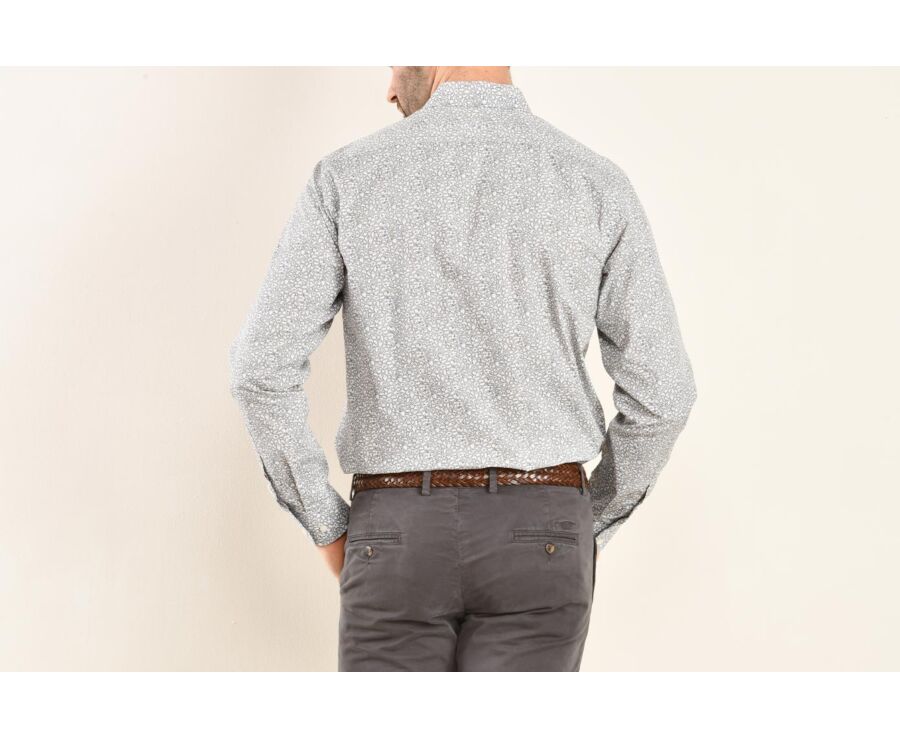 Taupe cotton shirt printed white and blue flowers - VICTORIEN