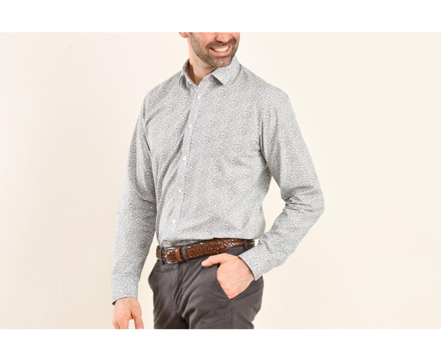 Taupe cotton shirt printed white and blue flowers - VICTORIEN