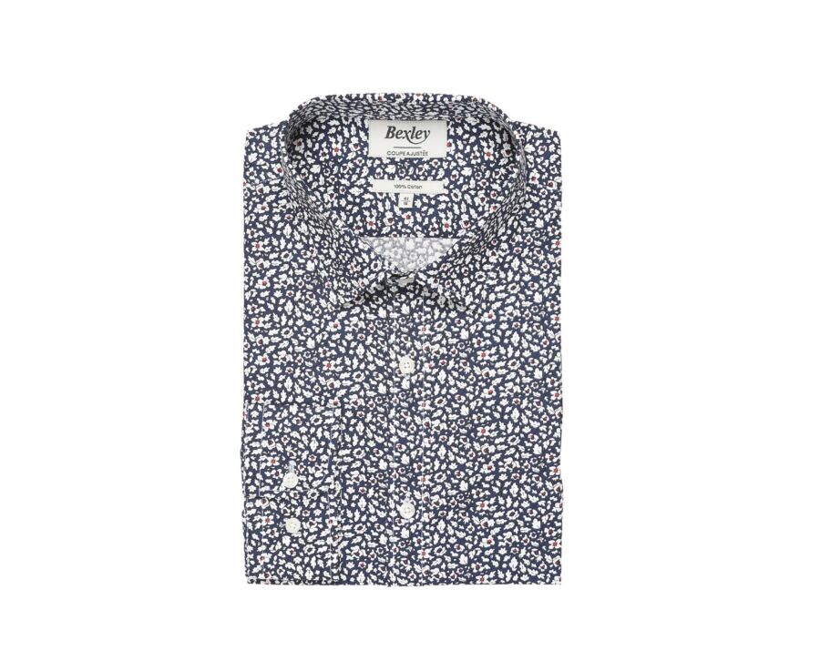 Navy cotton shirt with white and red flowers - VICTORIEN