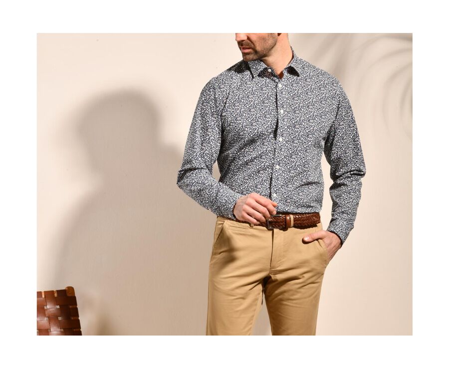 Navy cotton shirt with white and red flowers - VICTORIEN