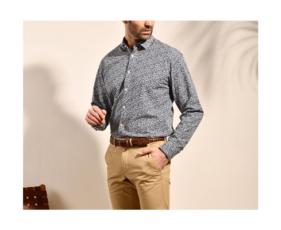 Navy cotton shirt with white and red flowers - VICTORIEN