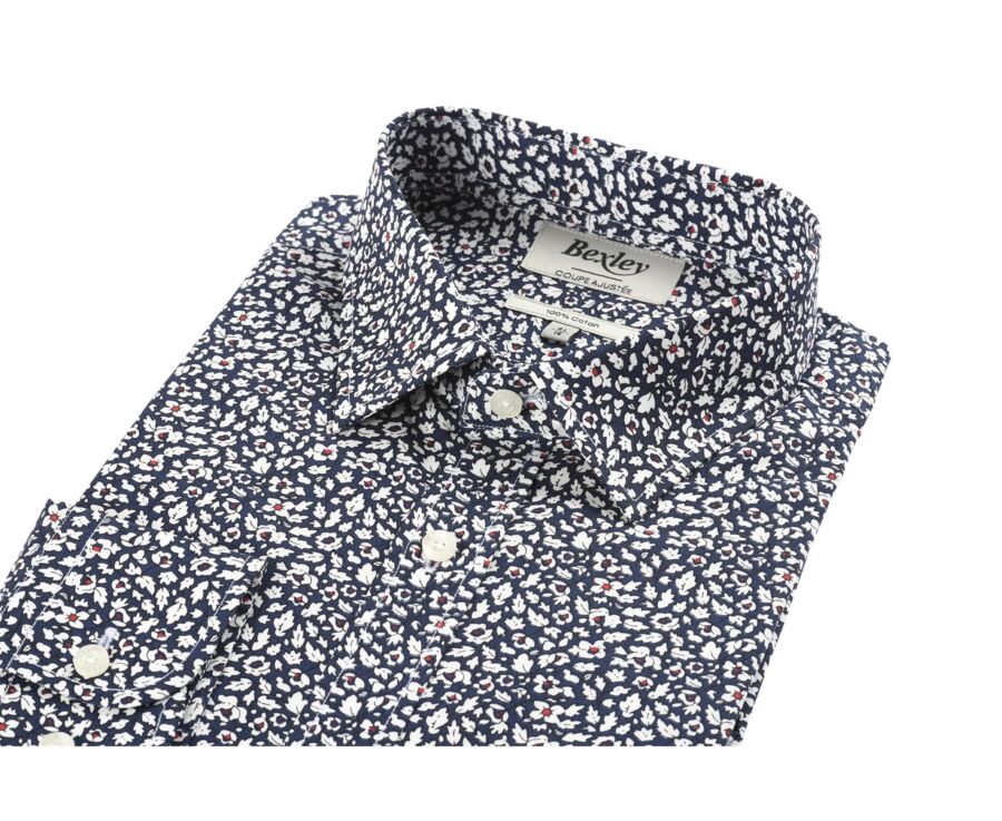 Navy cotton shirt with white and red flowers - VICTORIEN