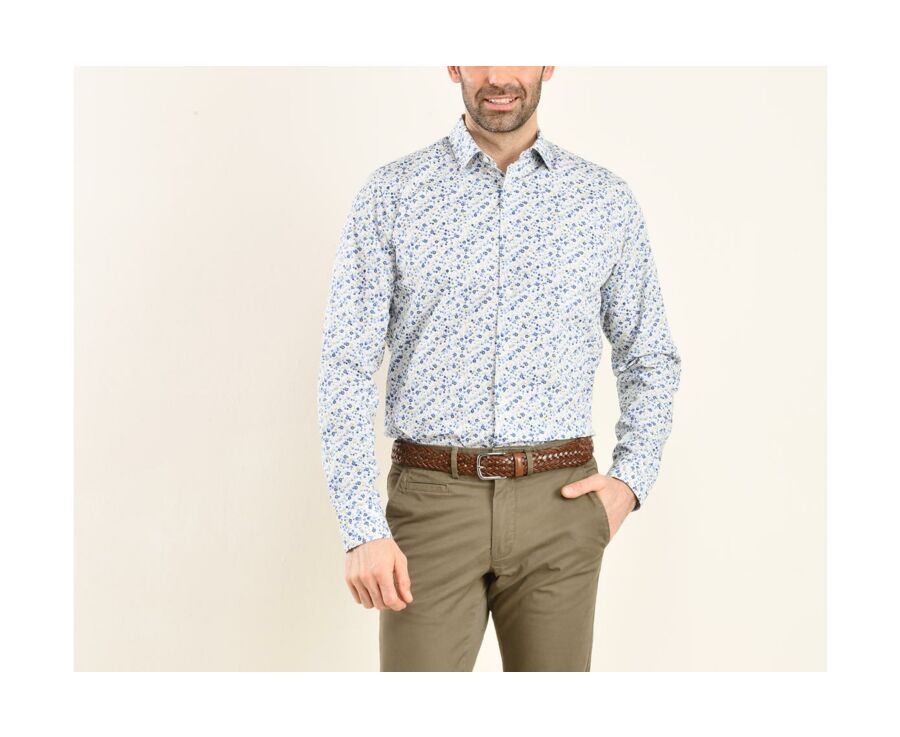 White cotton shirt with blue and beige flowers - THÉANDRE