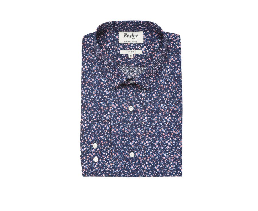 Navy cotton shirt with coral flowers print - WILROSE