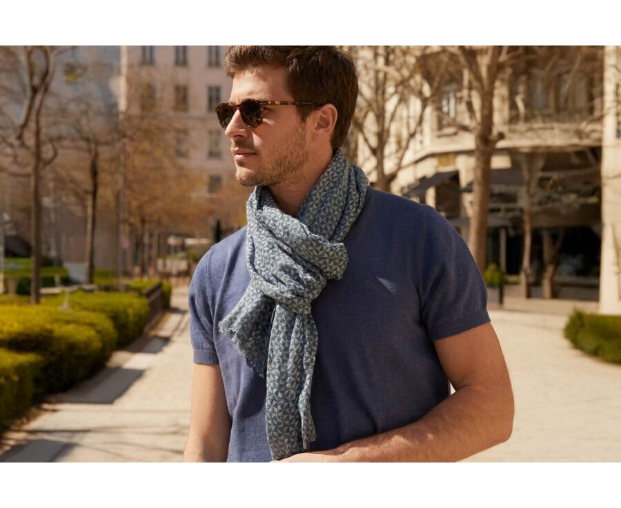 Blue sky triangles patterned Blue cotton linen scarf