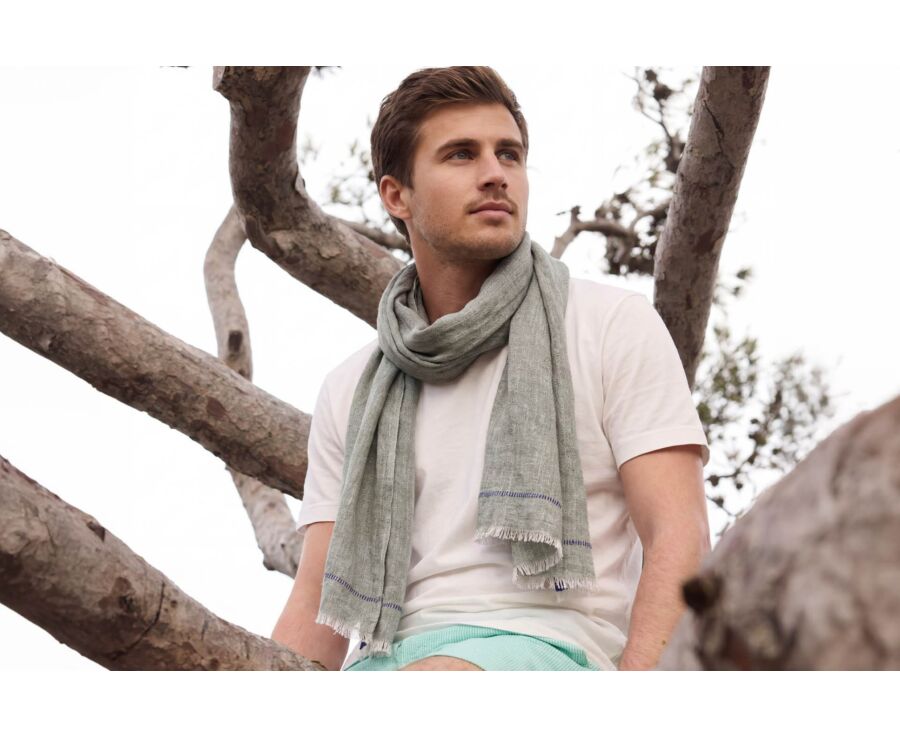 Green Chambray with Navy Border  cotton/linen Scarf