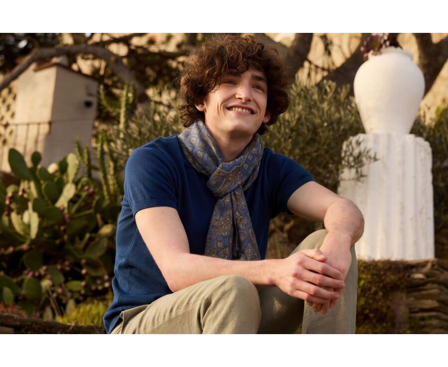 Indigo Blue with Taupe Pattern cotton/linen Scarf