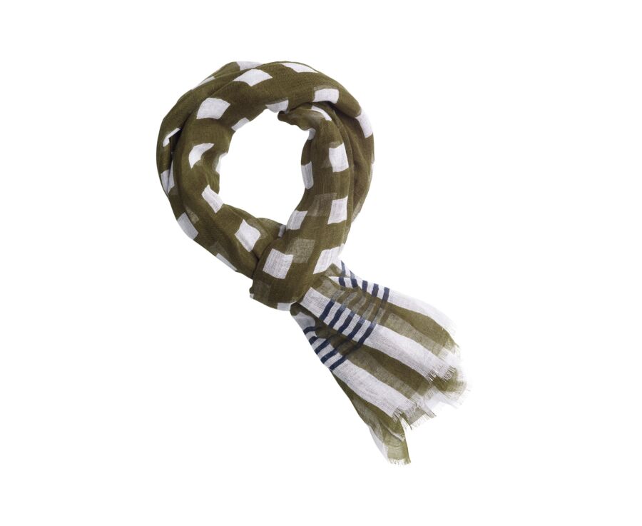 Men’s Linen and Cotton Scarf - Ecru with Khaki and Navy Pattern