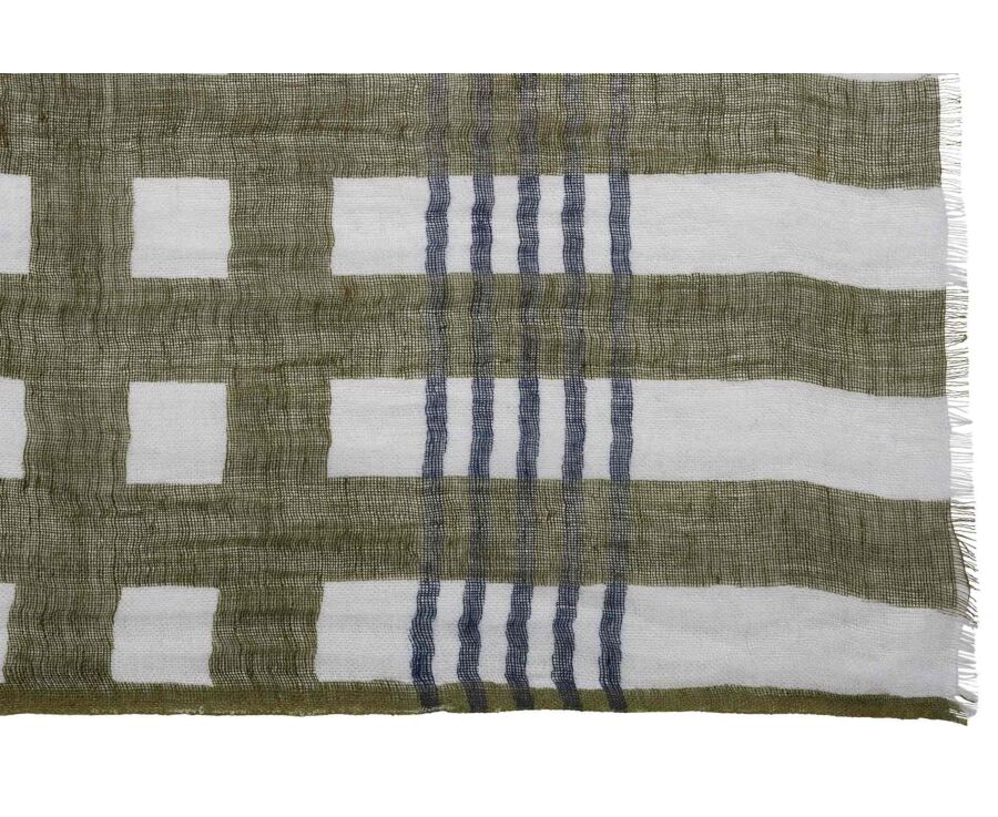Men’s Linen and Cotton Scarf - Ecru with Khaki and Navy Pattern