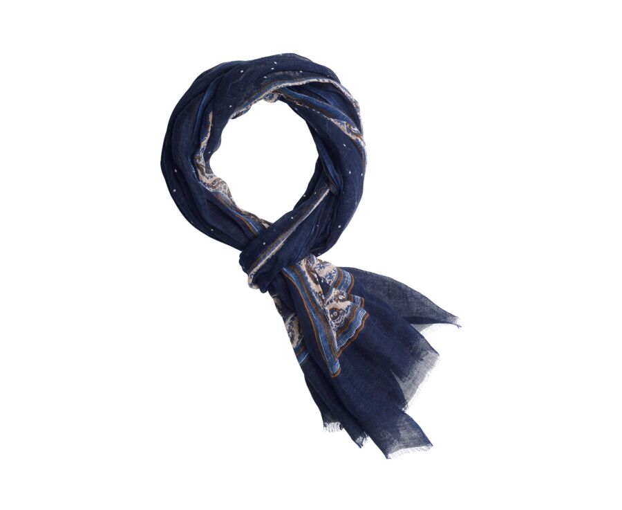 Men’s Linen and Cotton Scarf - Navy with White Beige Yellow Pattern