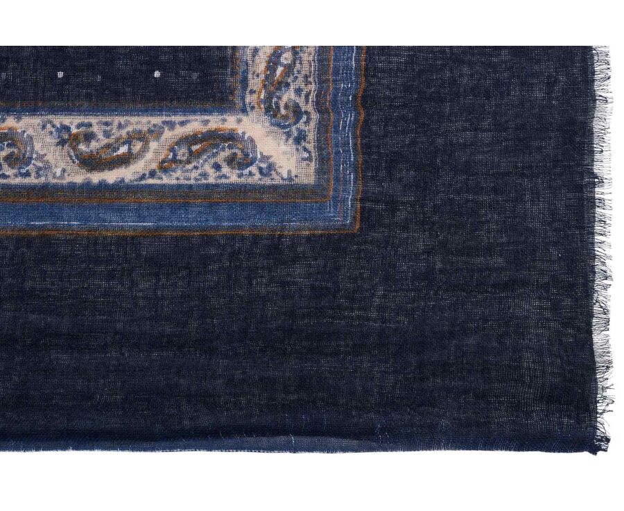 Men’s Linen and Cotton Scarf - Navy with White Beige Yellow Pattern