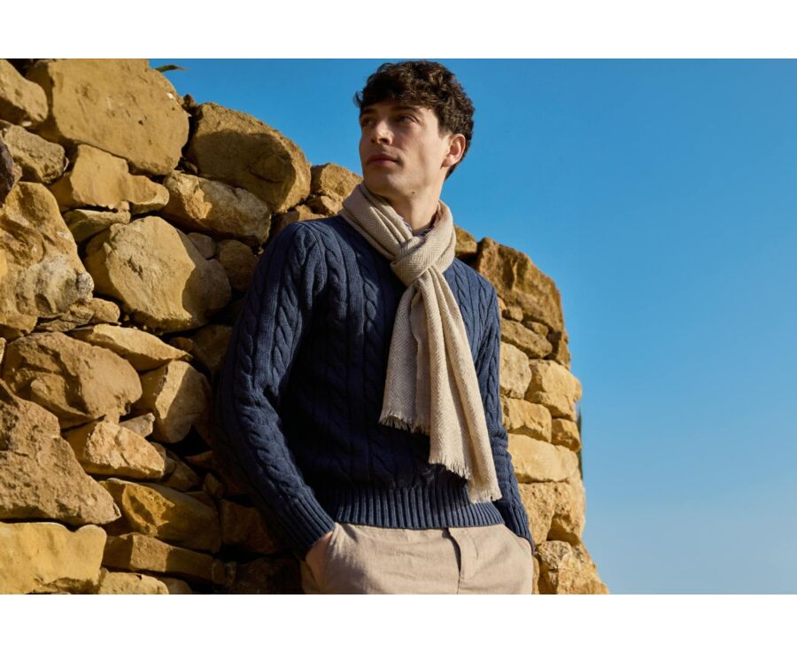 Men’s Linen and Cotton Scarf - Greige Chevron