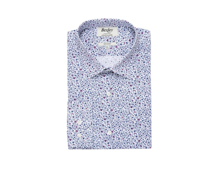 White cotton shirt printed blue and pink flowers - THÉOBERT