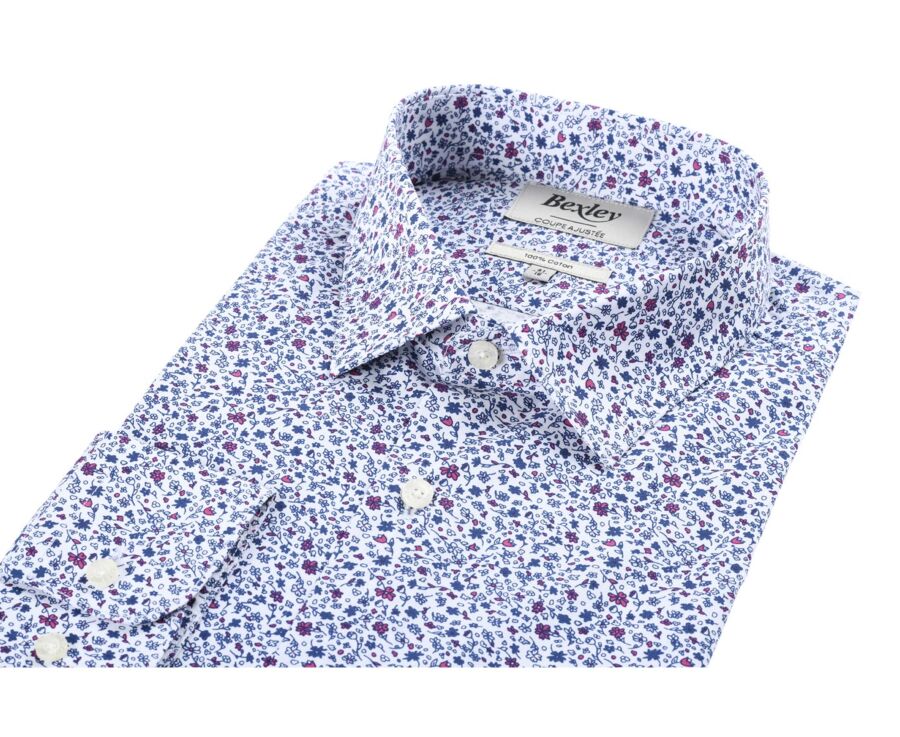 White cotton shirt printed blue and pink flowers - THÉOBERT
