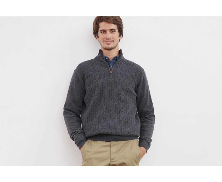 Anthracite melange grey half-zip wool cable knit sweater - KEITHOR