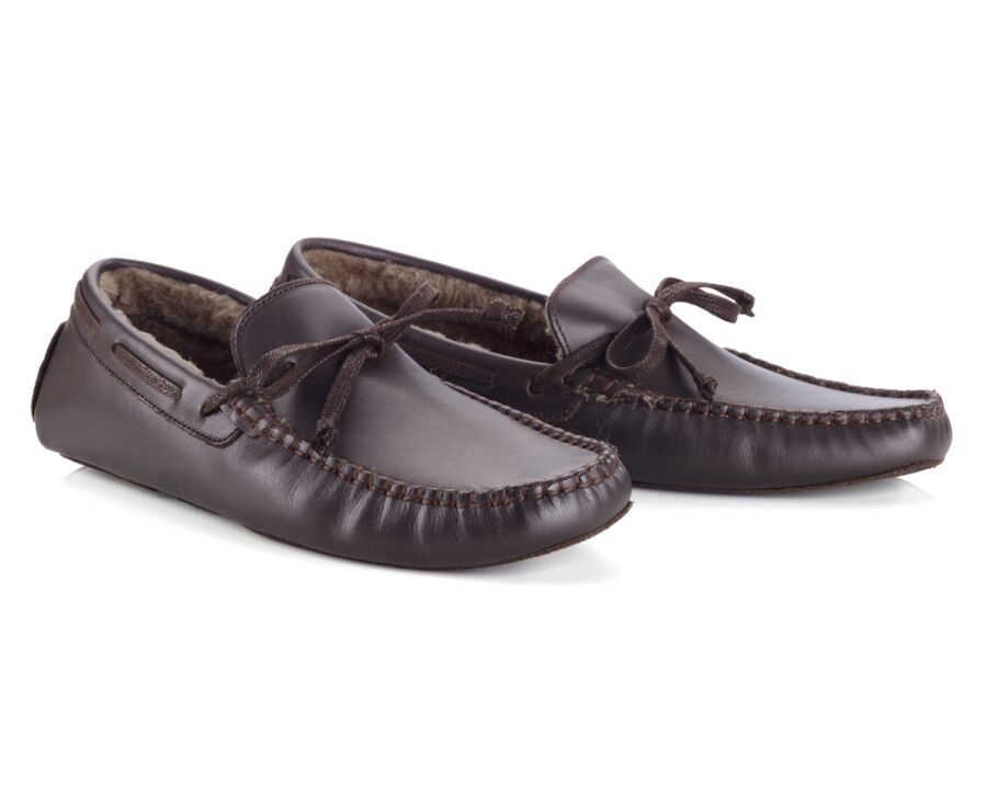 Chocolate leather Wool Lining Moccasin slippers