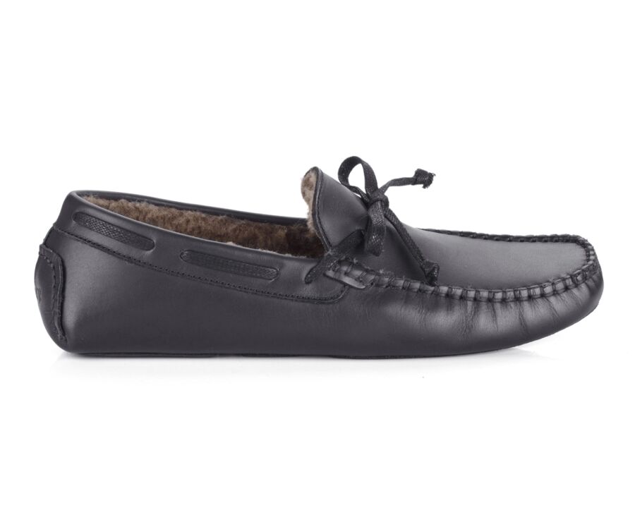 Black leather Wool Lining Moccasin slippers