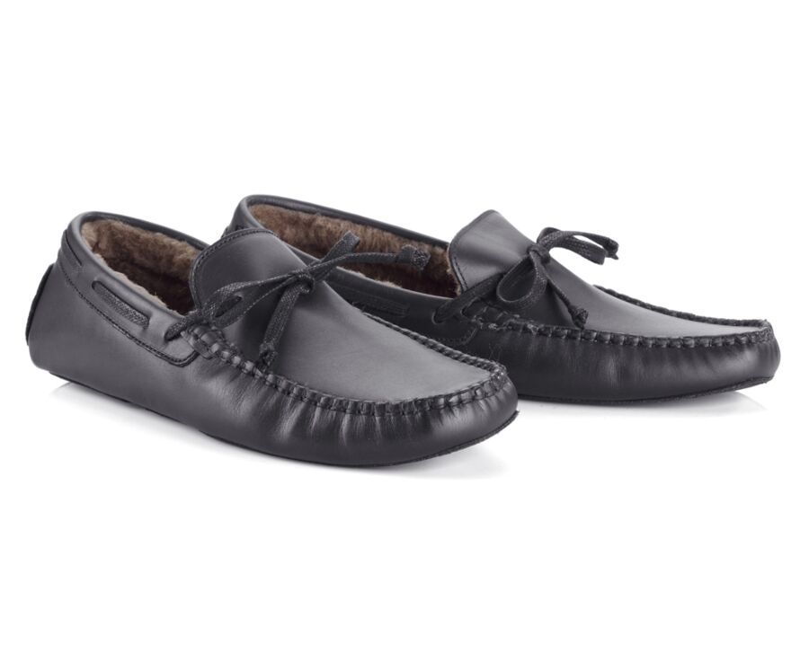 Black leather Wool Lining Moccasin slippers