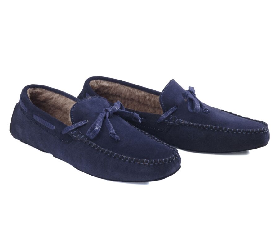 Navy Suede Wool Lining Moccasin slippers