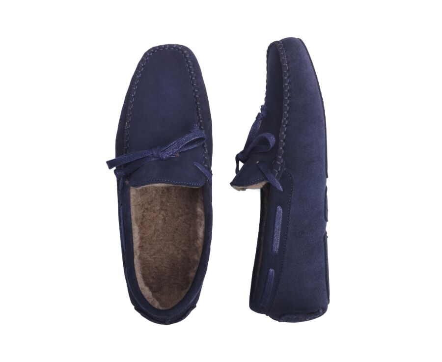 Navy Suede Wool Lining Moccasin slippers