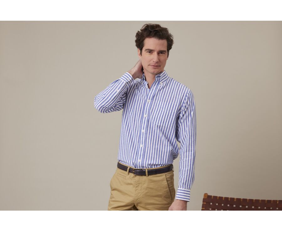 Ocean Blue & White long sleeve cotton linen shirt - COLTEN