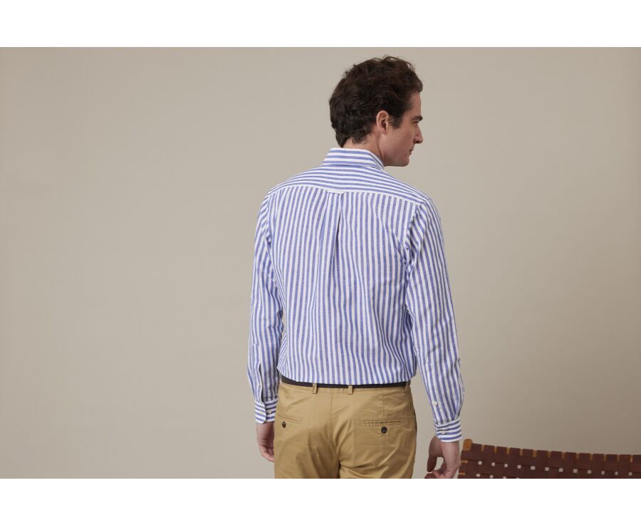 Ocean Blue & White long sleeve cotton linen shirt - COLTEN