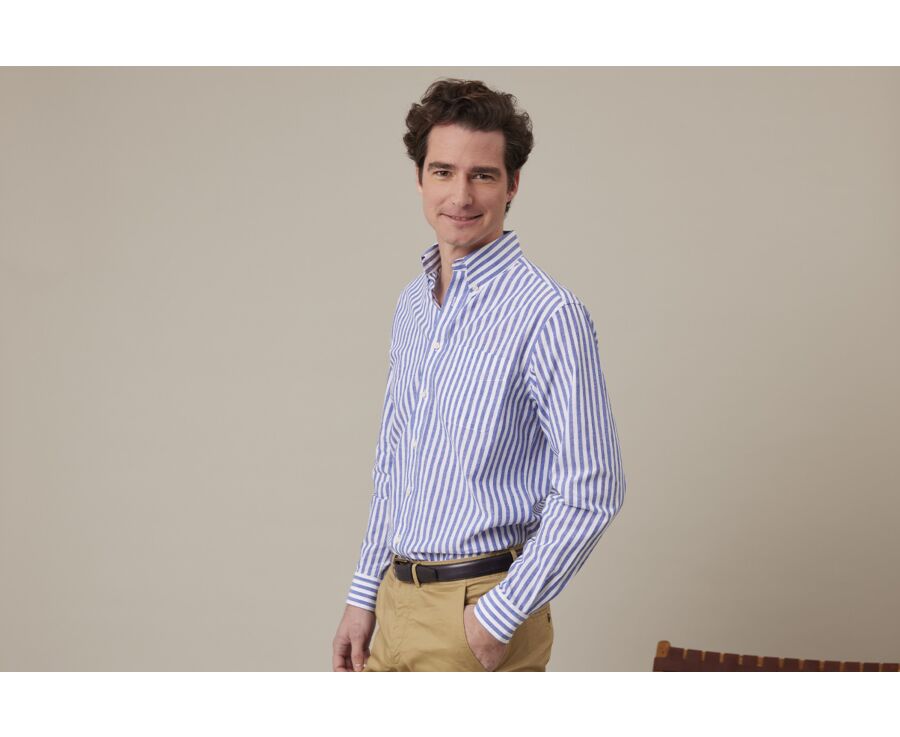 Ocean Blue & White long sleeve cotton linen shirt - COLTEN