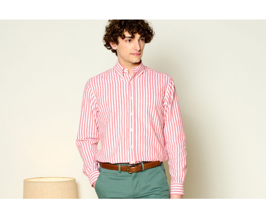 Coral & White long sleeve cotton linen shirt - COLTEN