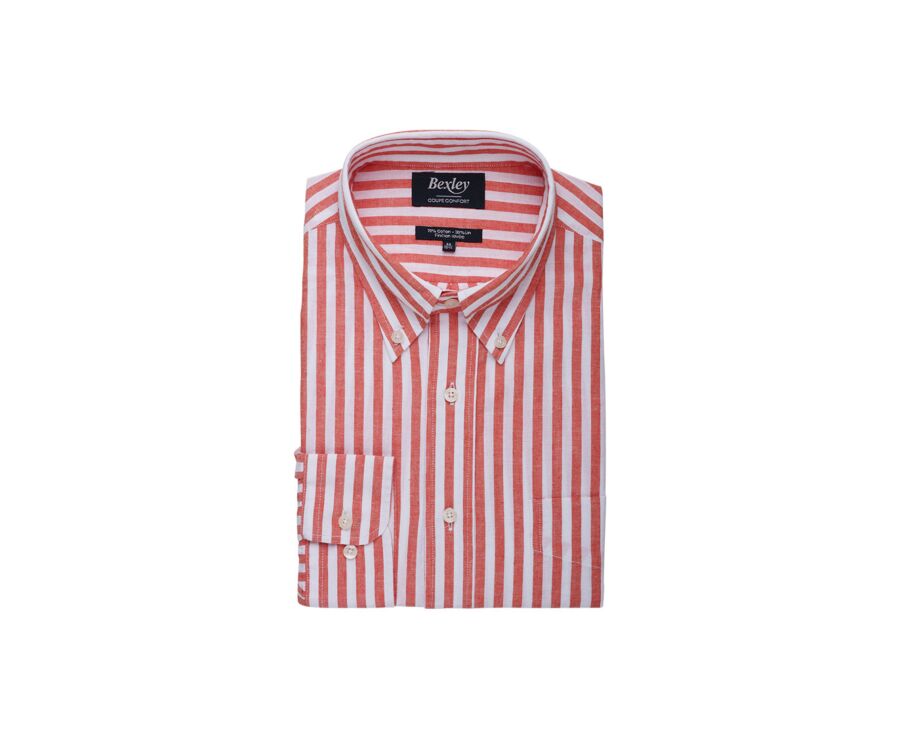 Coral & White long sleeve cotton linen shirt - COLTEN