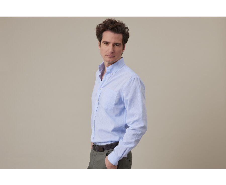 Blue Chambray long sleeve cotton linen shirt - COLTEN