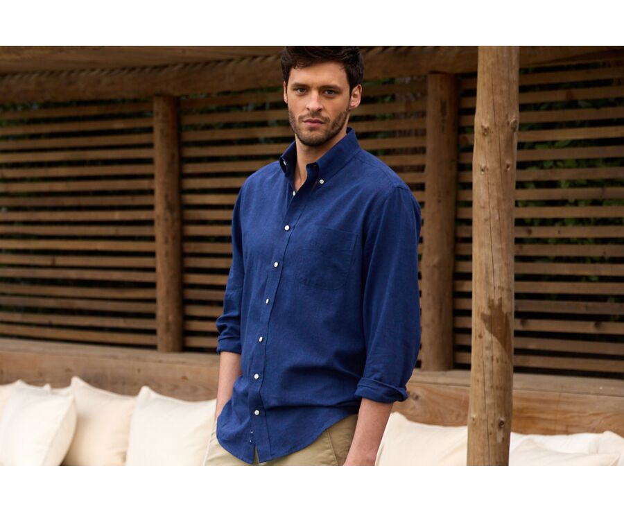 Indigo Chambray long sleeve cotton linen shirt - COLTEN