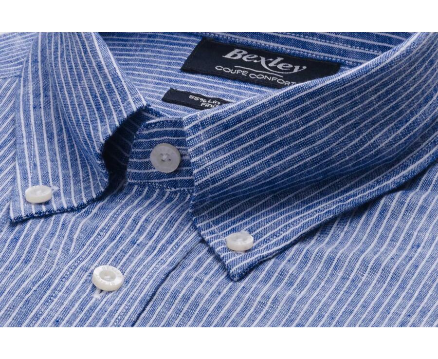 Blue Chambray & White trim long sleeve cotton linen shirt - COLTEN