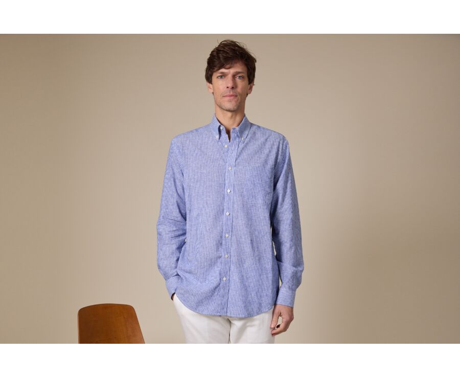 Blue Chambray & White trim long sleeve cotton linen shirt - COLTEN