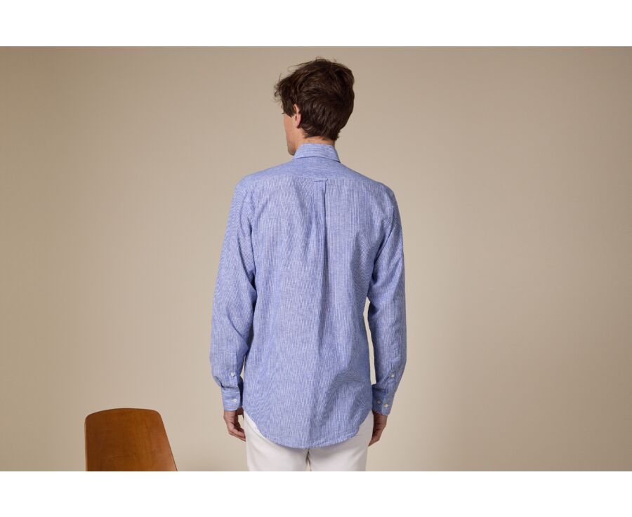 Blue Chambray & White trim long sleeve cotton linen shirt - COLTEN